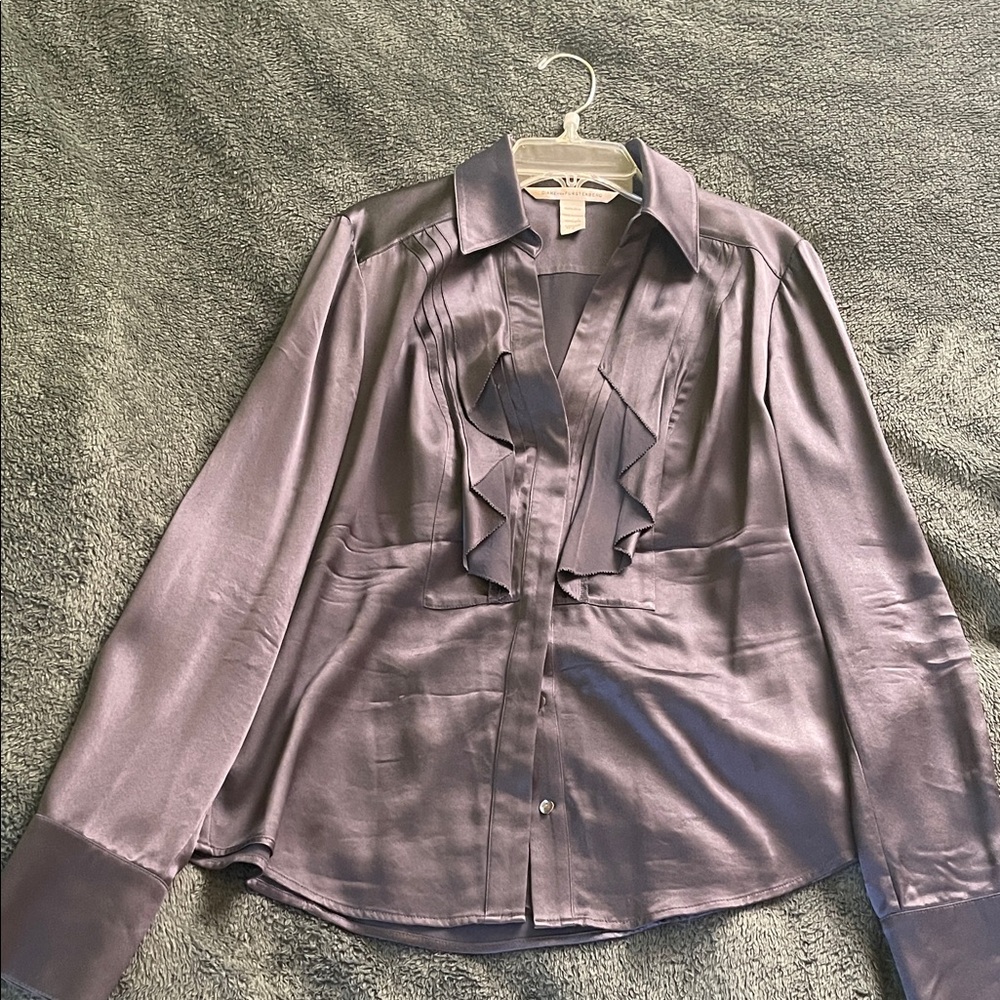 Silky Grey Ruffle Front Women's Blouse